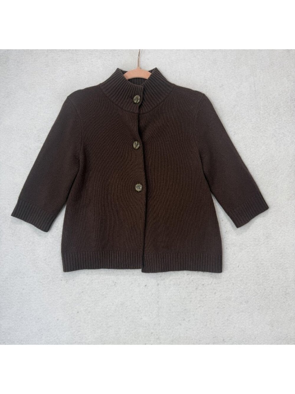 Just Cashmere By Forte Cardigan Sweater Womens Small Brown Mock Neck 3/4 Sleeve